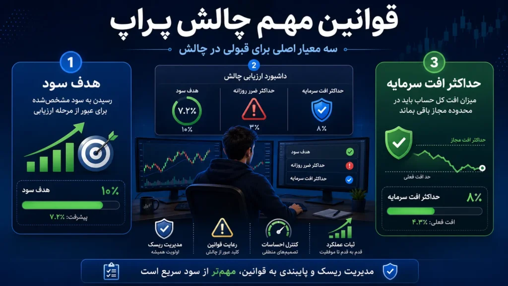 قوانین مهم چالش پراپ شامل هدف سود، حداکثر ضرر روزانه و حداکثر افت سرمایه