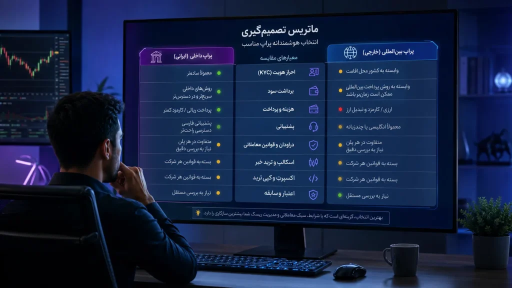 ماتریس تصمیم‌گیری برای انتخاب پراپ ایرانی یا خارجی بر اساس شرایط و سبک معاملاتی