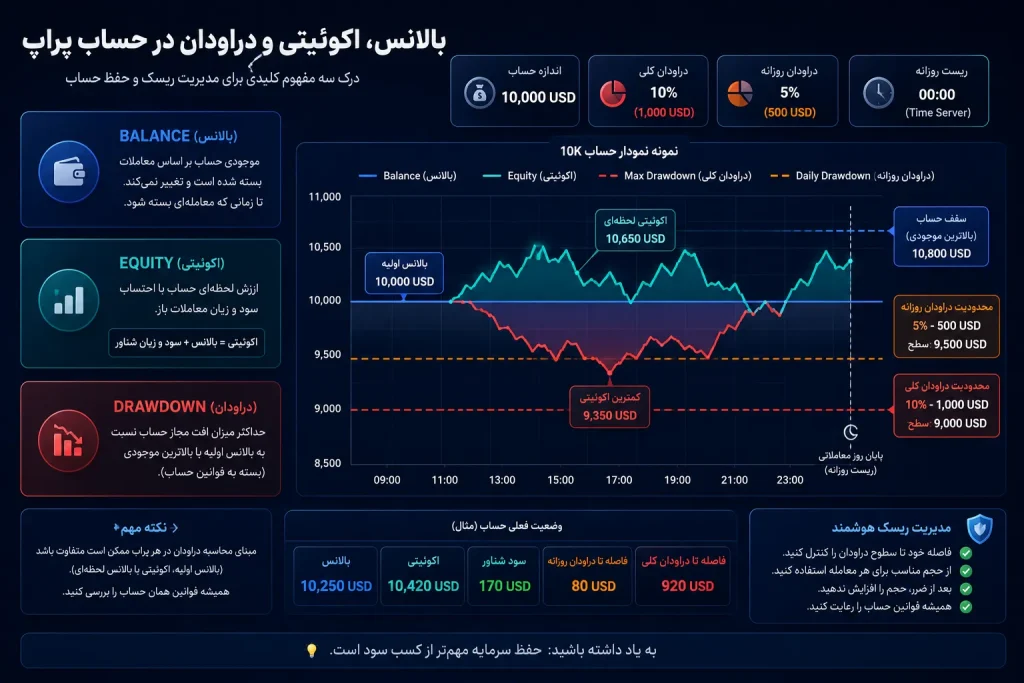 تفاوت بالانس اکوئیتی و دراودان در حساب پراپ با مثال حساب ده هزار دلاری